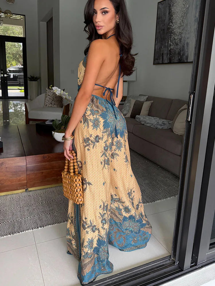 Deep V Neck Halter Sleeveless Lace Up Bow Wide Leg Jumpsuit for Women