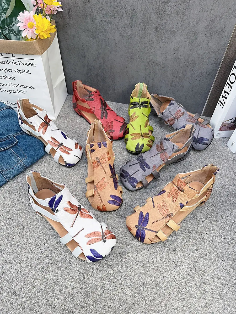 Flat Printed Genuine Leather Roman Sandals for Women
