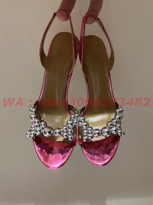 Metallic Leather Open Toe Slingback High Heel Sandals For Women