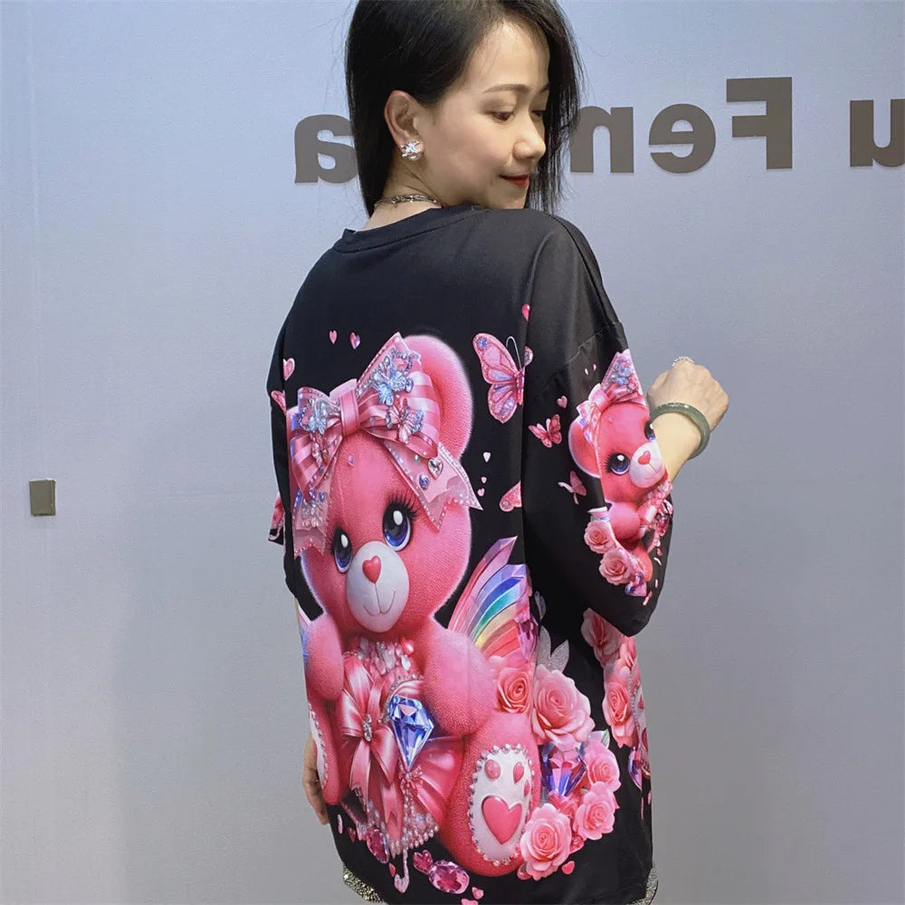 Cartoon Bear Heavy Industry Bead Crew Neck Short Sleeve T-Shirt Summer Printed Fashion Half Sleeve Top Women's Clothing