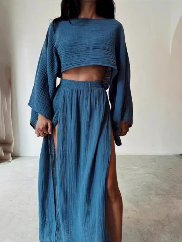 Casual Cotton Linen Blend Two Piece Skirt Set for Women
