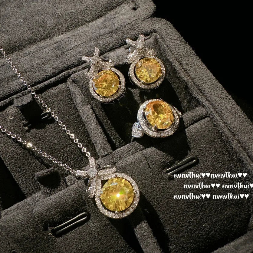 Round Cut Yellow Cubic Zirconia Bridal Jewelry Set for Women