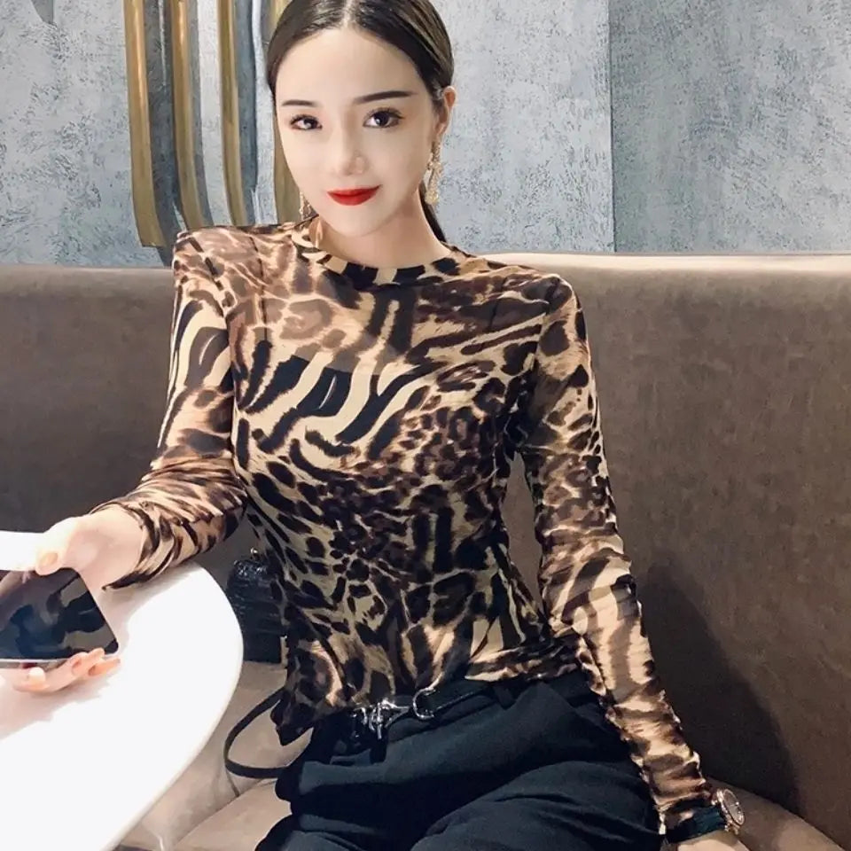 Top Female Mesh Leopard Print Women's Long Sleeve T-shirt Mature Spring Autumn Sexy Korean Reviews Many Clothes Japanese Vintage