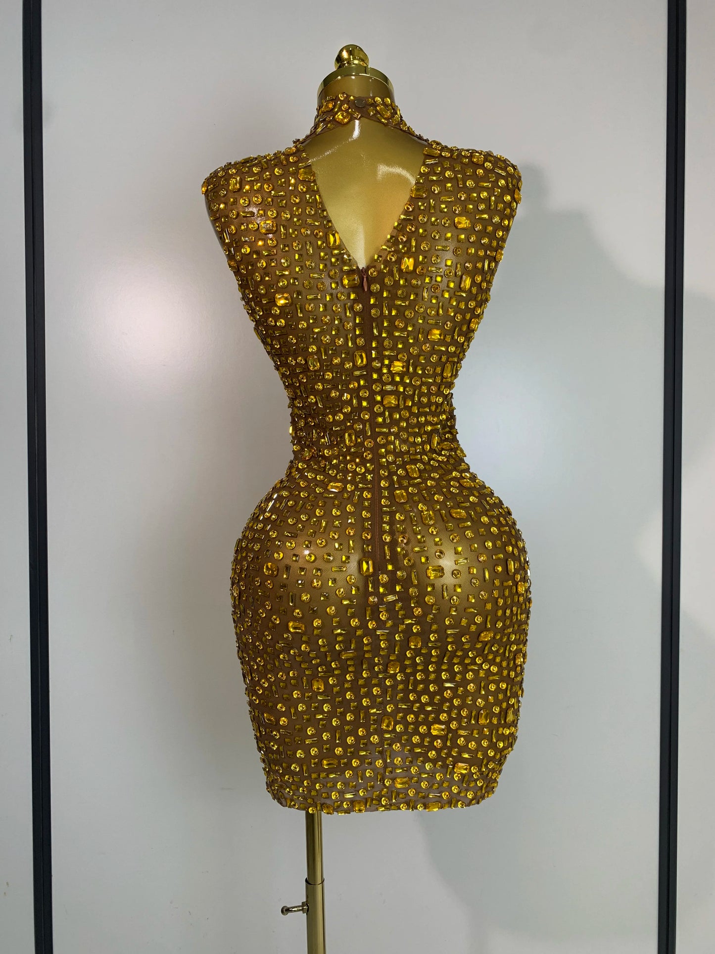 Women Luxury Gold Rhinestone Sexy Mesh Short Dress Sparkly Stage Costume Elegant Party Birthday  Dresses Nightclub Singer Outf