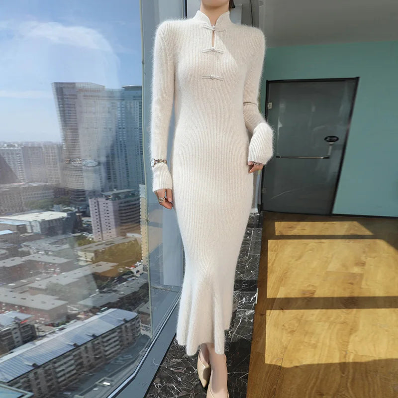 Stand Collar Ankle Length Fishtail Knit Dress for Women