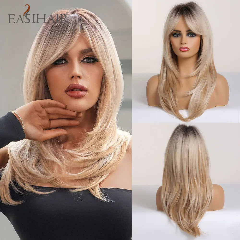 Dark Brown Synthetic Layered Wig With Bangs for Women