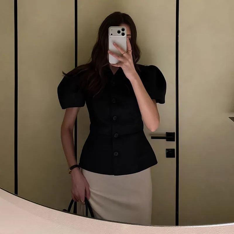 Elegant Puff Sleeve Turn-Down Collar Shirt for Women