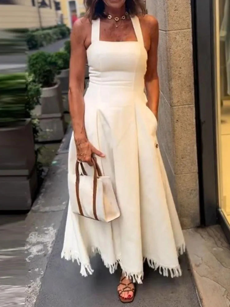 Fashion Square Collar Waist Slim Long Dress Women Casual Sleeveless Pocket Solid Party Dress Elegant Tassel Splicing Maxi Dress