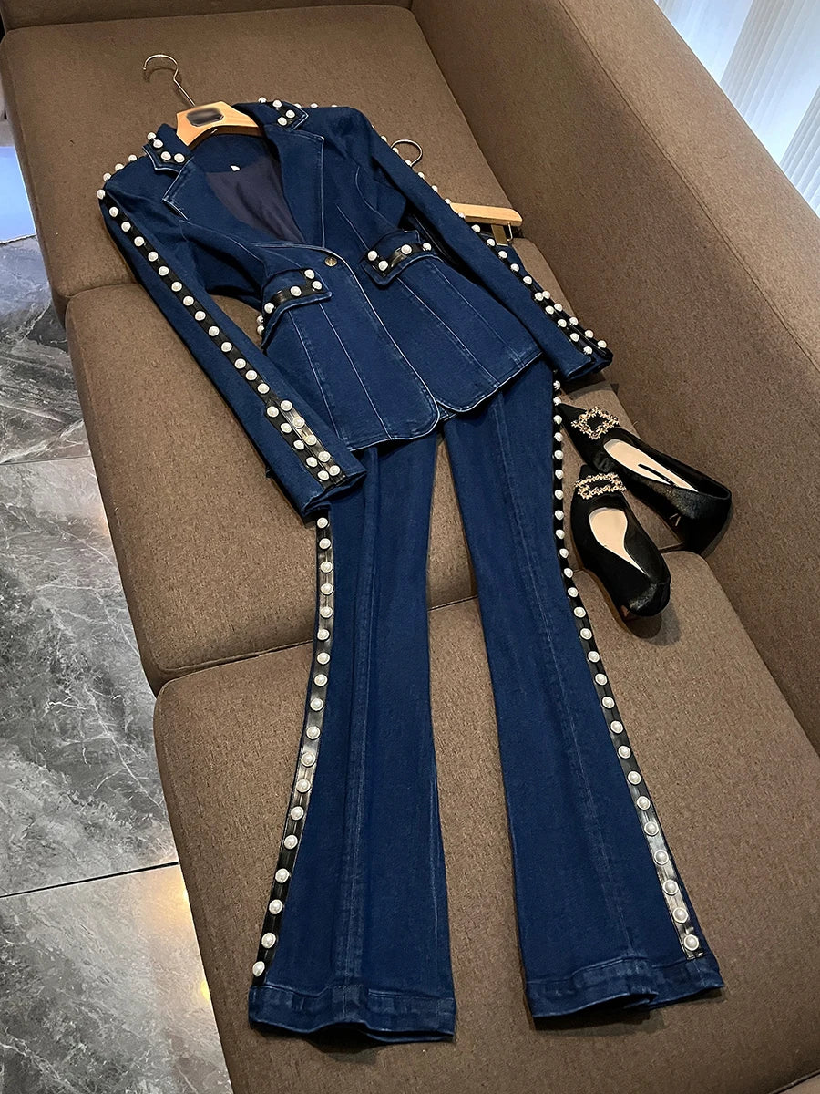 TWOTWINSTYLE Blue Denim Pearl Embellished Suit for Women Tailored Blazer Flared Pants Two Piece Set for Fashion Shows KSE559320
