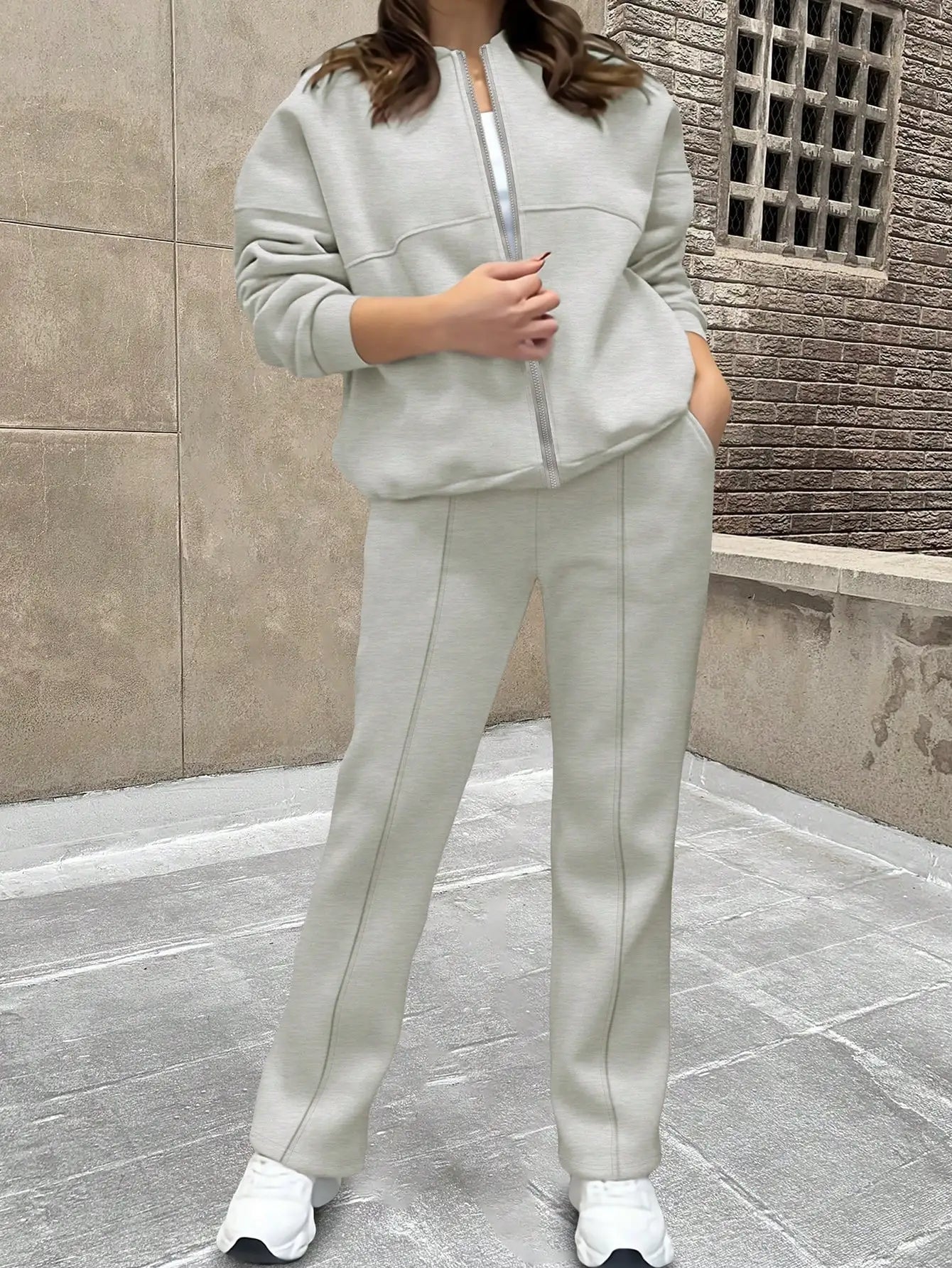 2026 Fall/Winter Fashion New Solid Color Simple Sweatshirt Jacket with Pockets and Straight-Leg Pants Set, Casual and Versatile Two-Piece Outfit