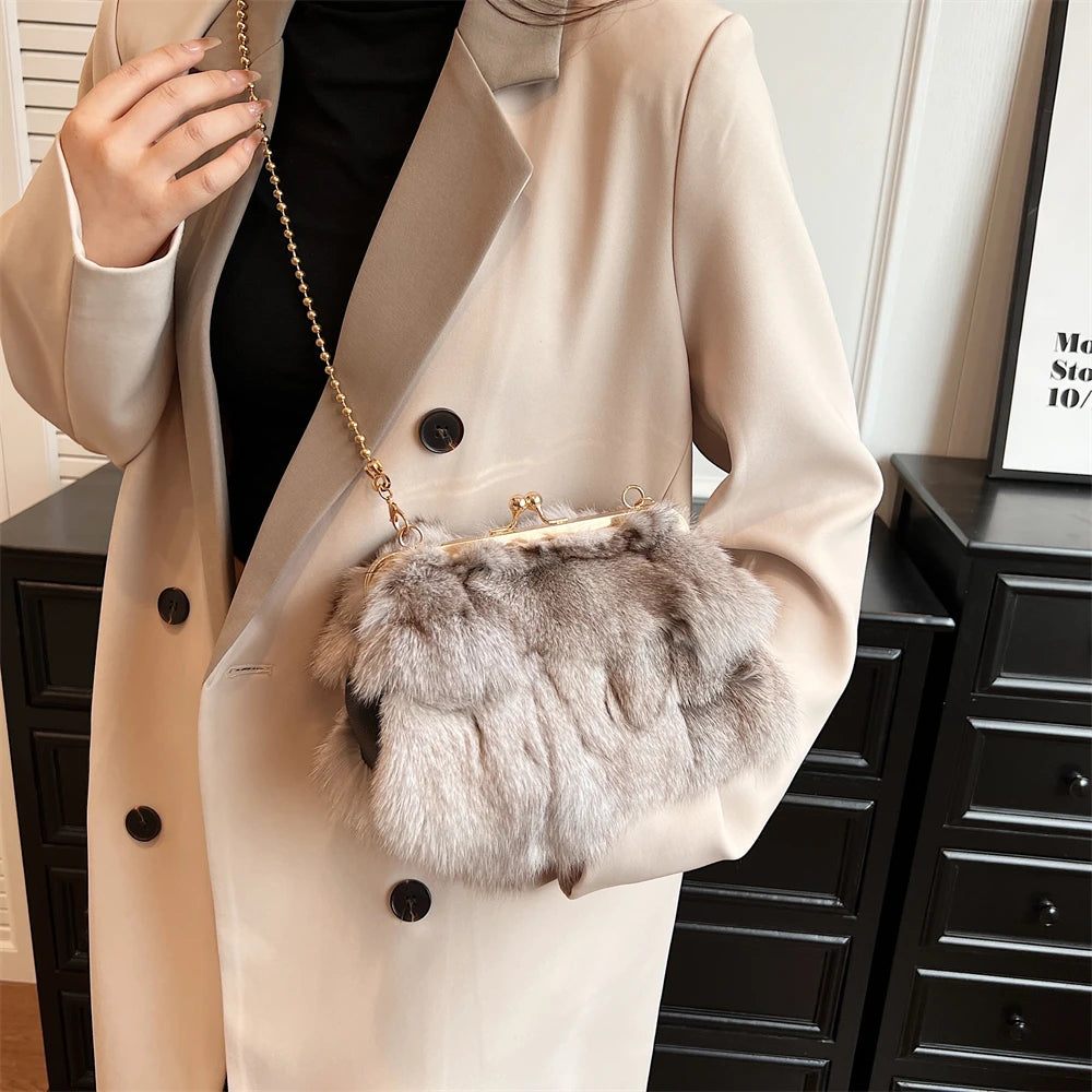 Luxurious Fox Fur Evening Clutch with Chain for Women