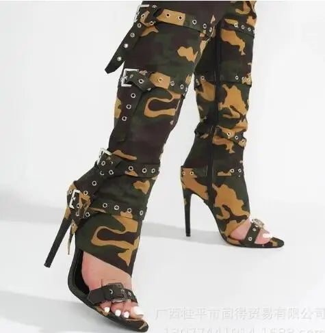 Camouflage Side Zipper Over The Knee Boots For Women