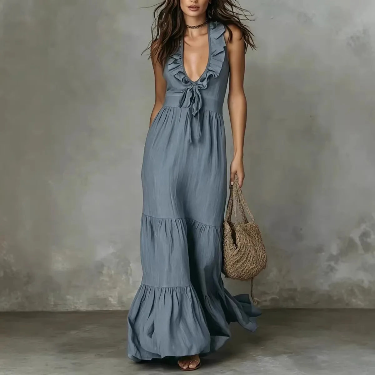 Halter V-Neck Tiered Ruffle Maxi Dress with Tie Waist for Women
