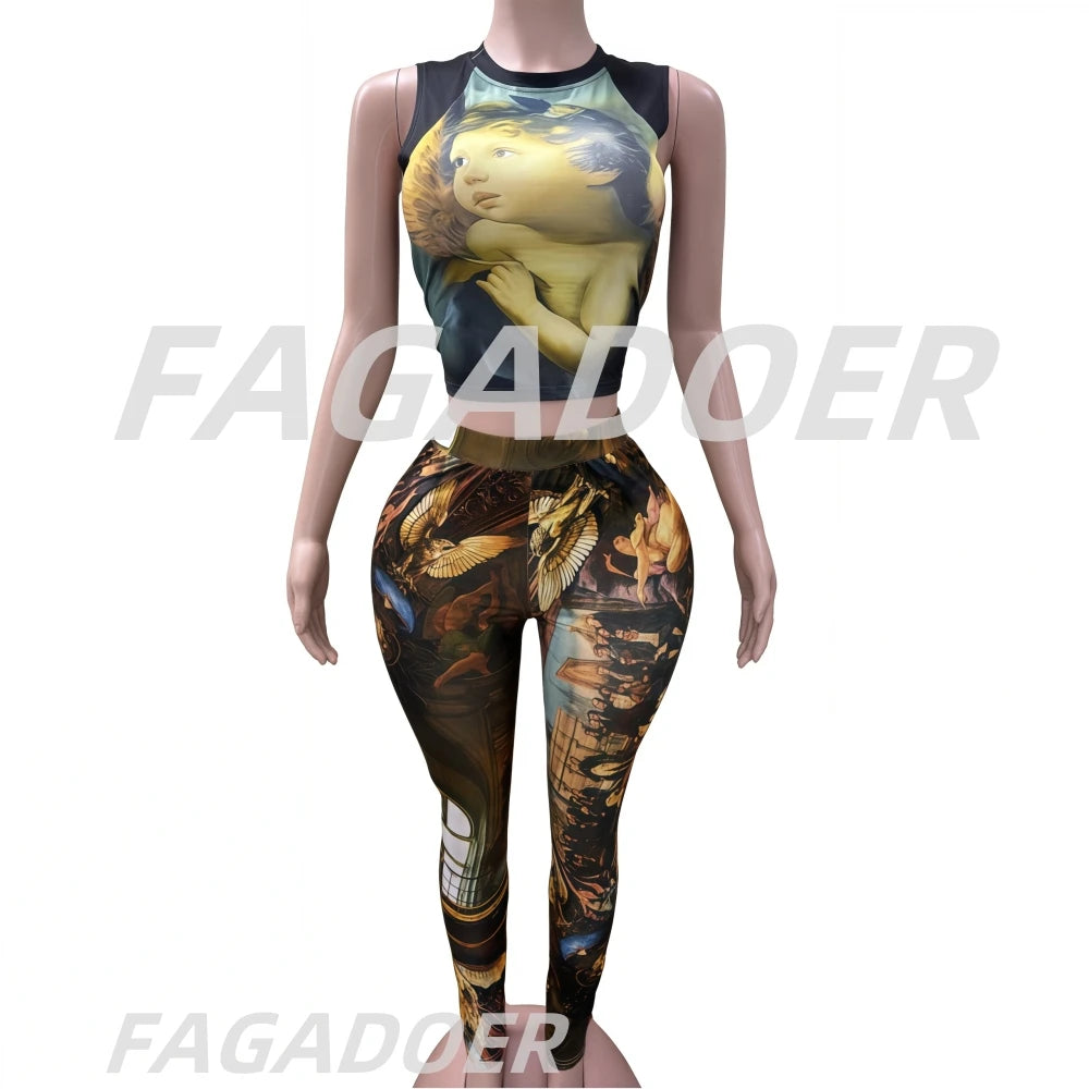 FAGADOER Fashion Print 2 Piece Sets Woman Outfit Oil Painting Sleeveless Crop Top And Pants Female Streetwear Summer Spring New