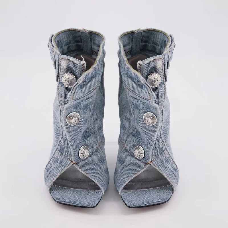 Elegant Denim Look Strappy Peep Toe Stiletto Sandals for Women