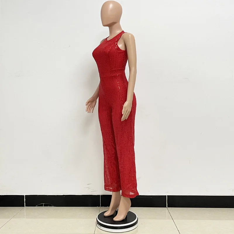 Elegant Silver Sequined Straight Cut Jumpsuit for Women