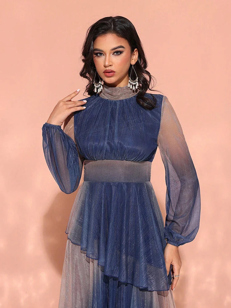 TOLEEN 2024 New Women's Luxury Elegant Party Evening Dress With Stand Collar, Lantern Sleeves, And Ruffle Hem In Gradient Fabric