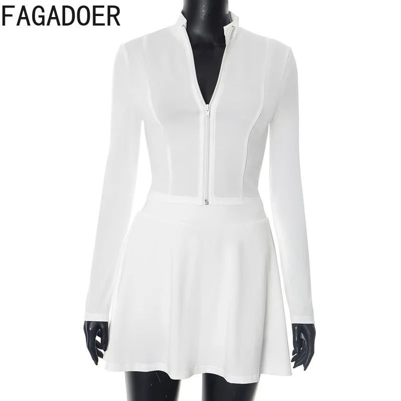 FAGADOER Sexy Sporty 2 Pieces Set for Woman Zipper Long Sleeve Jacket Tops + Pleated Skirts Tracksuits Female Streetwear 2025