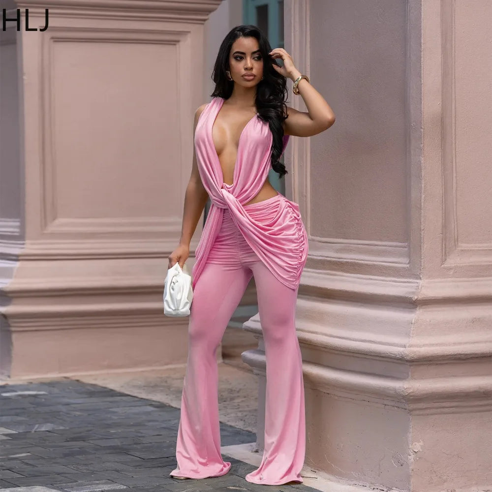 Halter Deep V Neck Ruched Flare Jumpsuit for Women