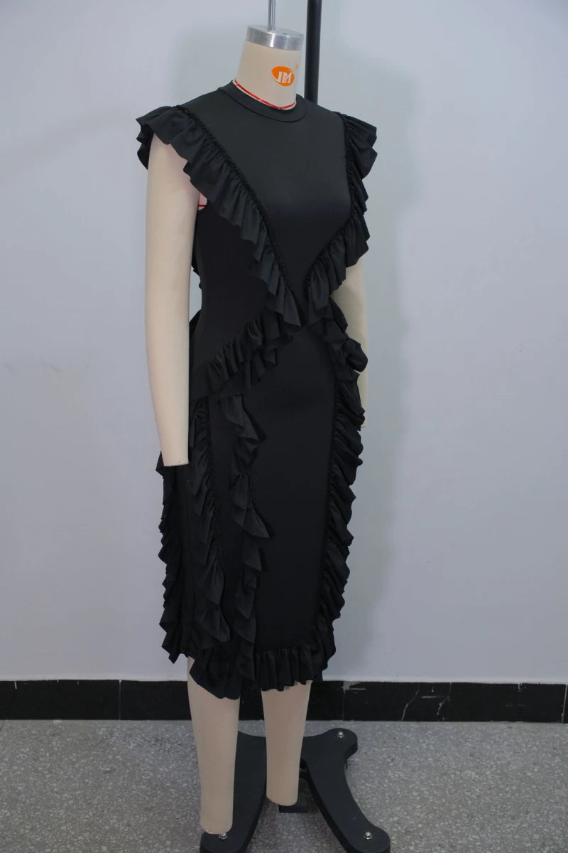 Vintage Ruffle Trim Sleeveless Midi Dress For Women
