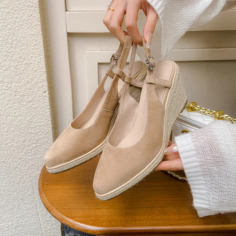 Apricot Back Strap Suede Wedge Platform Sandals for Women
