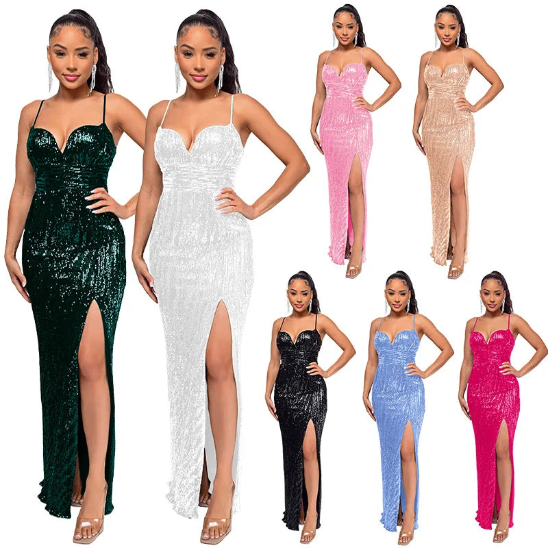 Glitter Sequin Spaghetti Strap Maxi Dress for Women