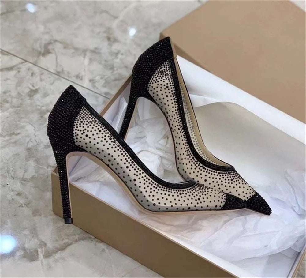 Rhinestone Mesh Pointed Toe Thin High Heels for Women