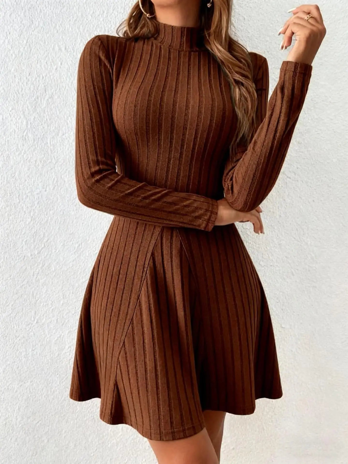 2026 New European and American Women's Slim Fit Half-Turtleneck Waist-Cinch A-Line Ribbed Long-Sleeve Dress