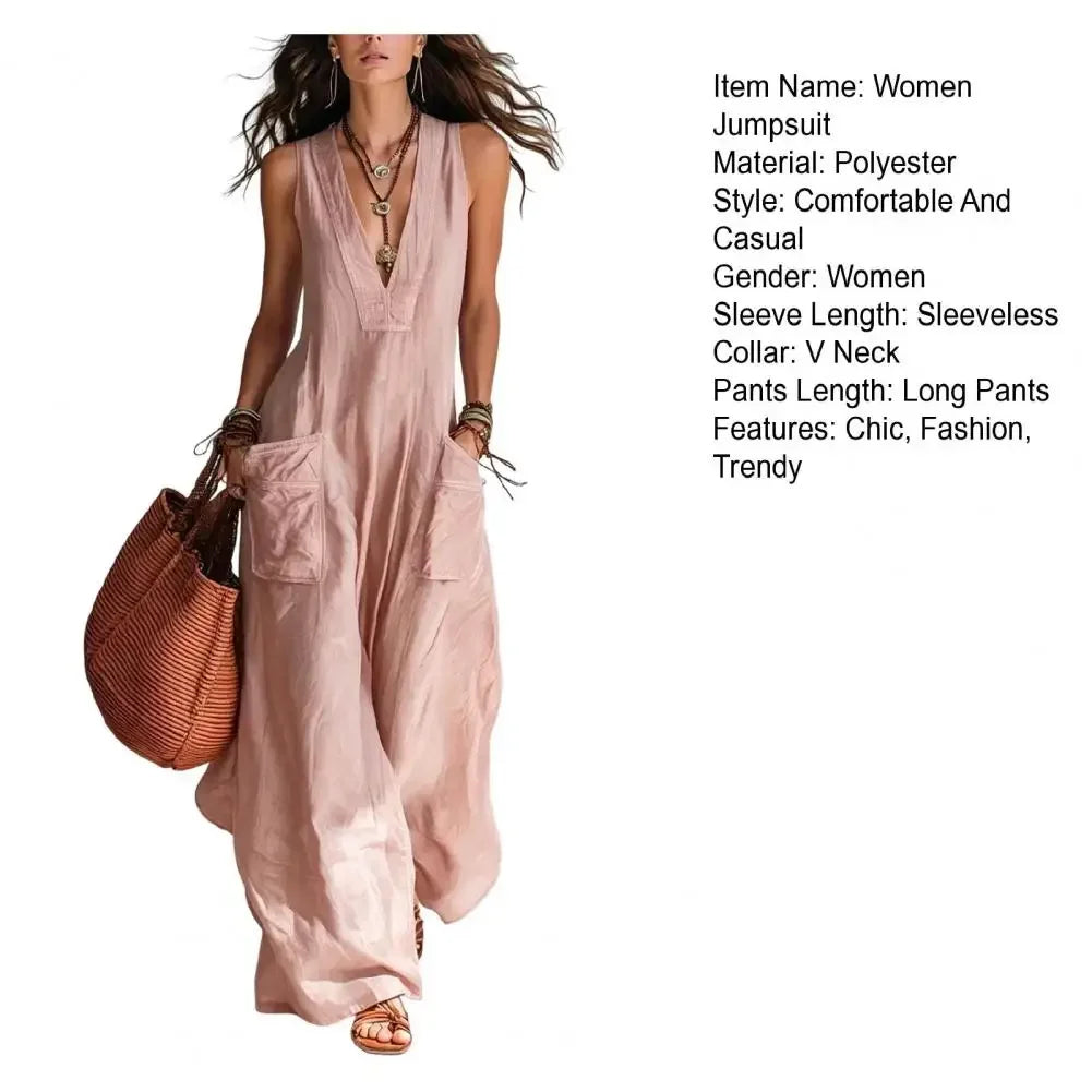 Sleeveless V Neck Loose Wide Leg Casual Jumpsuit For Women