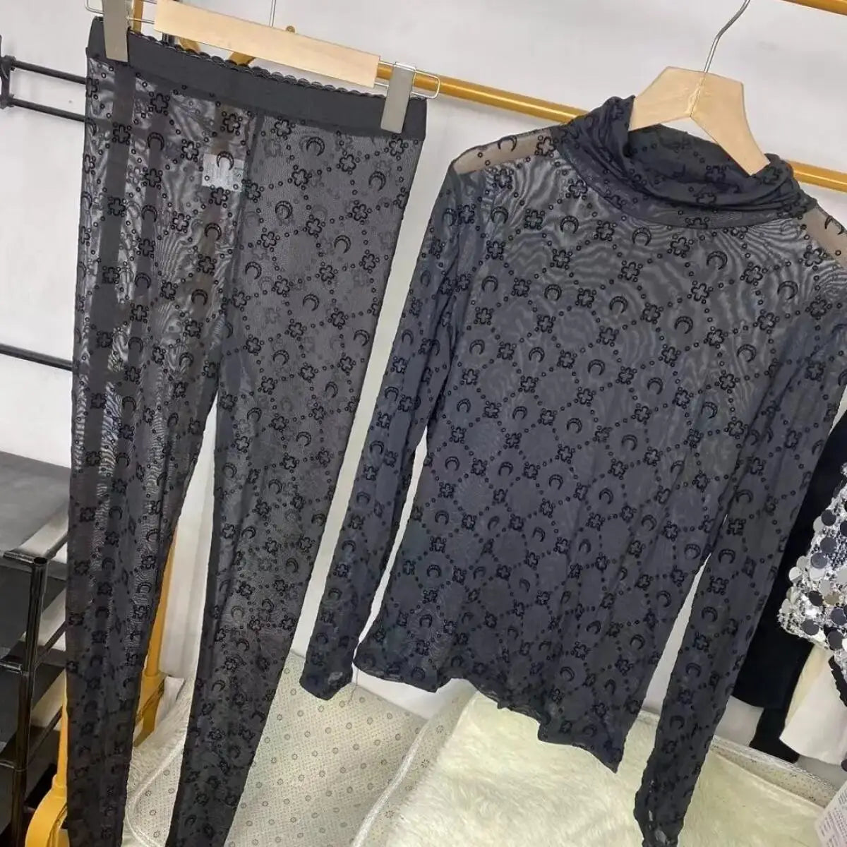 Retro Moon Print Velvet Long Sleeve Two Piece Set for Women