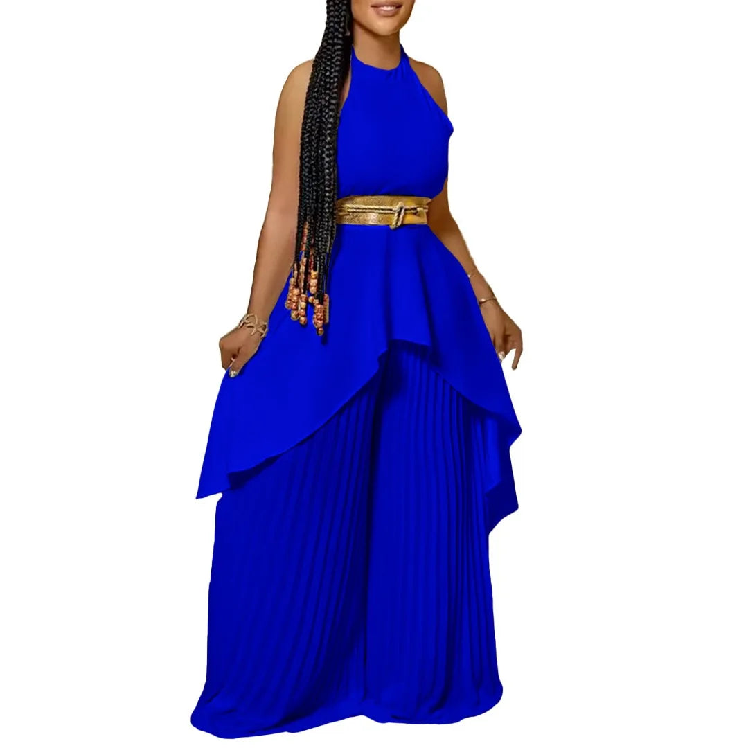 2 Pieces Pants Sets Womens Outfits Blouse Extra Long Sleeveless Backless Belt Waisted & Wide Leg Pants Pleated Floor Length Sets