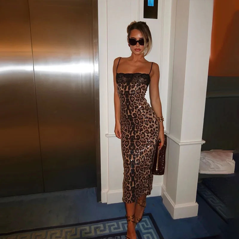 Leopard Print Sequin Lace Trim Maxi Dress for Women