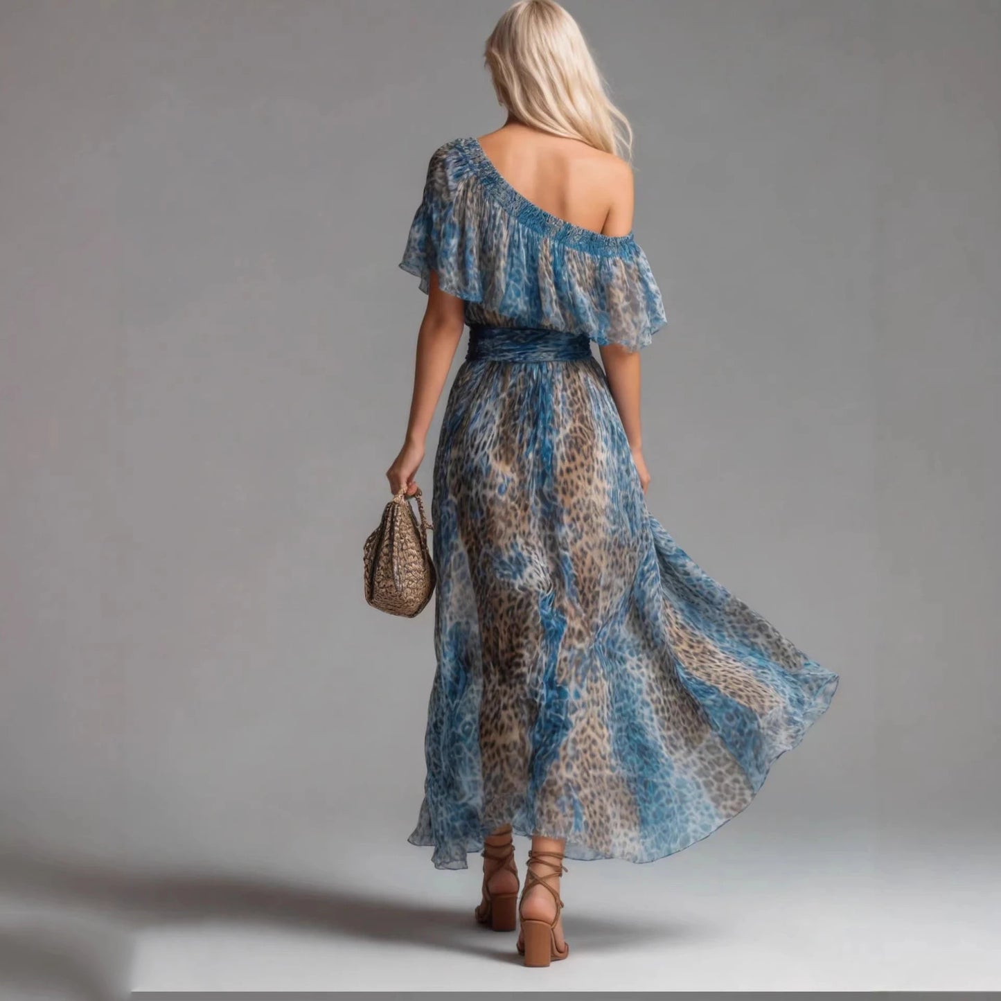 Leopard Print Ruffle Chiffon Flowing Maxi Dress for Women