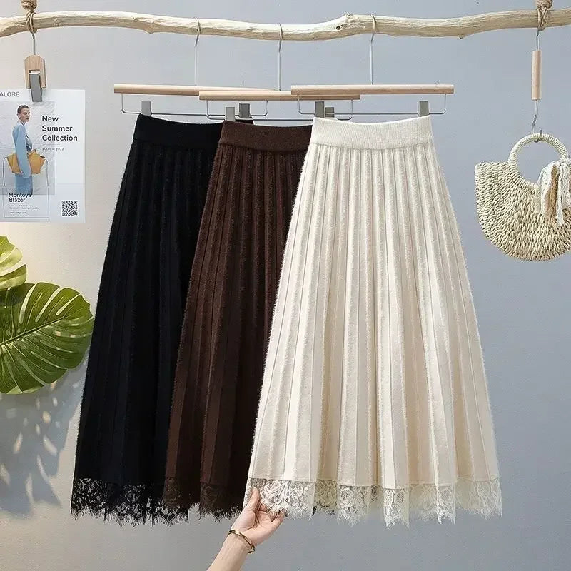 High Waist Knitted Pleated Midi Skirt With Lace Details for Women