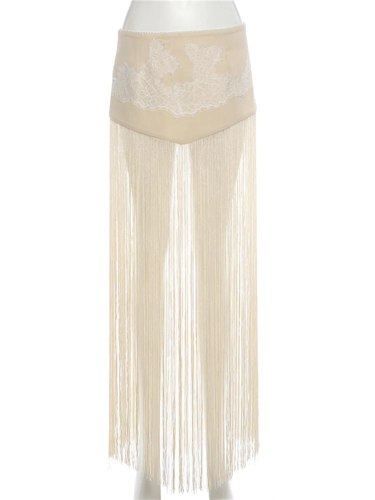 Backless Tassel Halter Patchwork Skirt Two Piece Set for Women