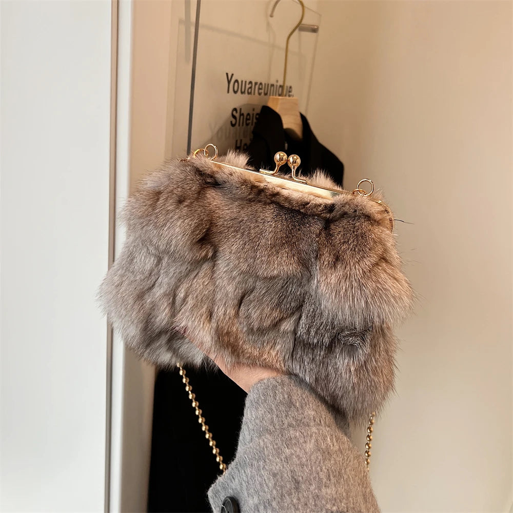 Luxurious Fox Fur Evening Clutch with Chain for Women