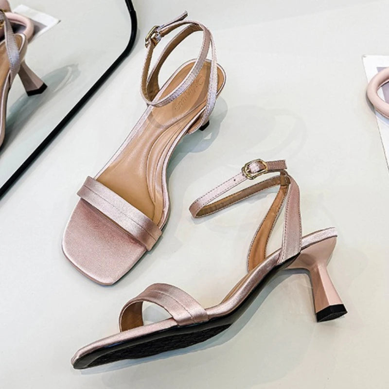 Silver Square Toe Ankle Strap Heeled Sandals for Women
