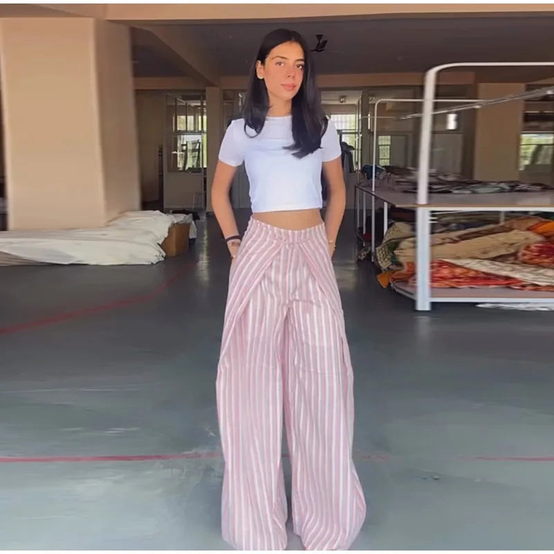 Pink And White Striped Wide Leg Pants With Sash Belt for Women