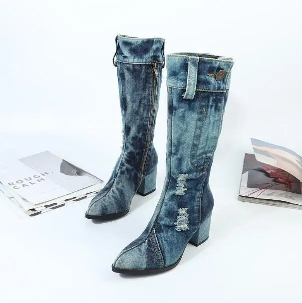 Vintage Square Heel Mid-Calf Boots With Zipper For Women