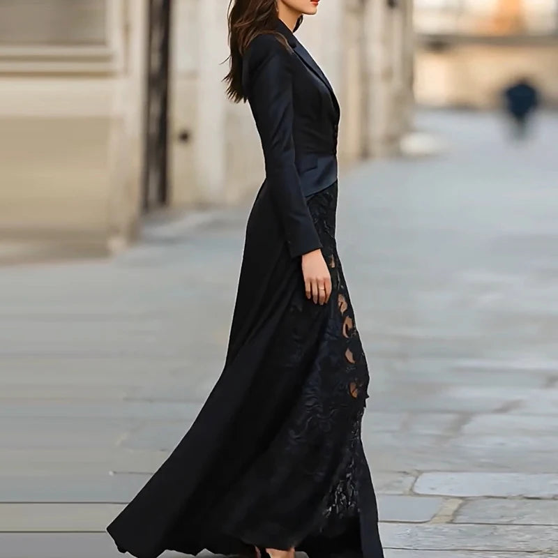 Winter Elegant Lace Patchwork Occasion Set Sexy V-neck Button Top & Long Skirt Suit Casual Long Sleeve Solid Slim Party Outfits