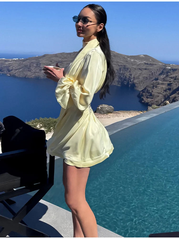 Pale Yellow Satin Puff Sleeve Ruched Waist Dress For Women