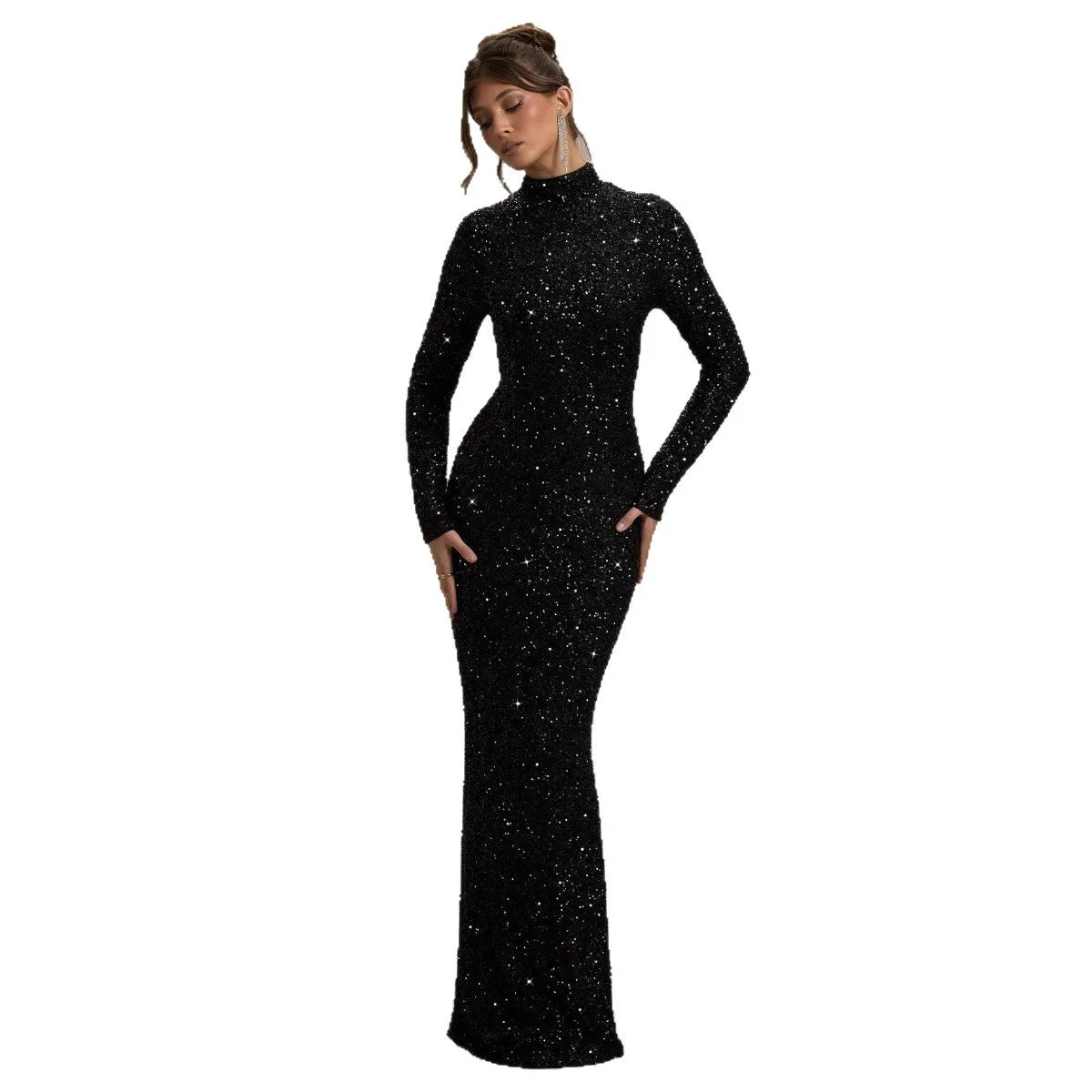 Elegant Sequined Black Long Sleeve Turtleneck Dress for Women