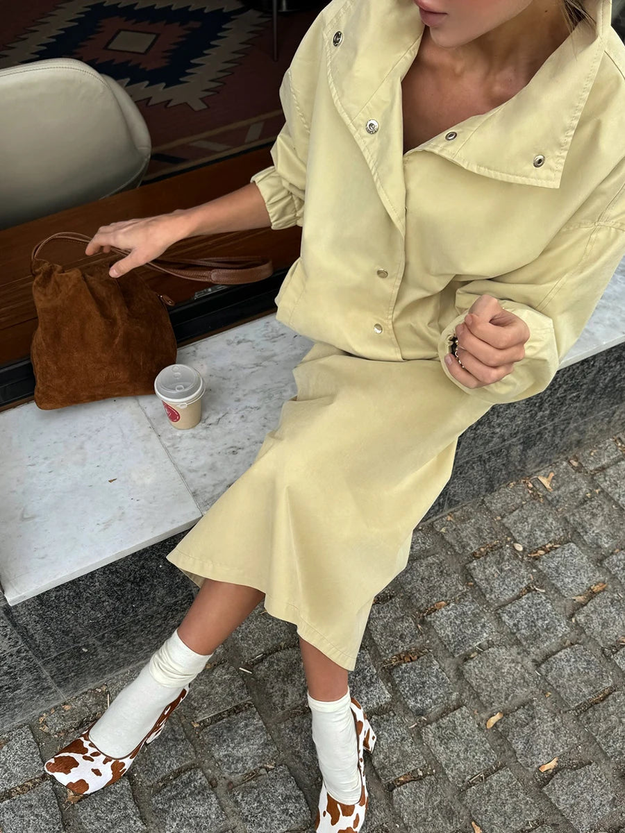 Elegant Button Front Two Piece Skirt Set For Women