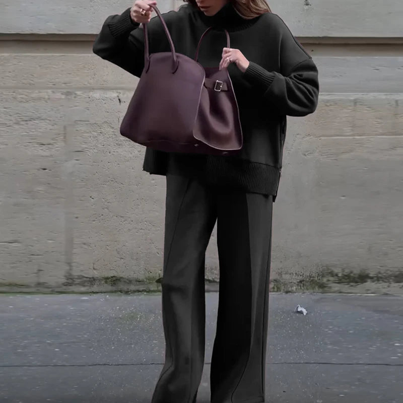 Half High Collar Pullover and Wide Leg Pants Set for Women