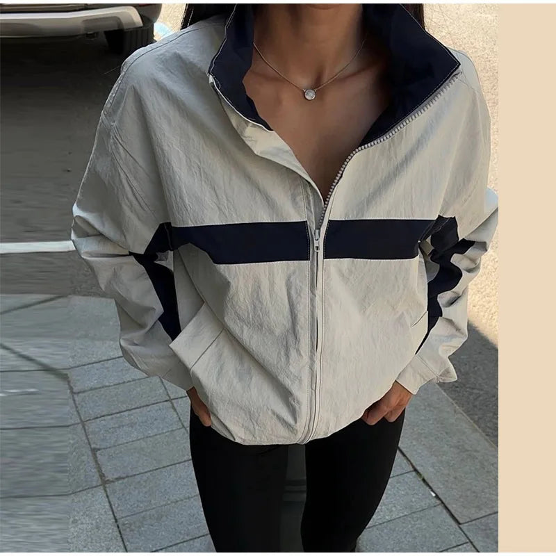 Color Block Zip Up Cropped Jacket With Stand Collar For Women