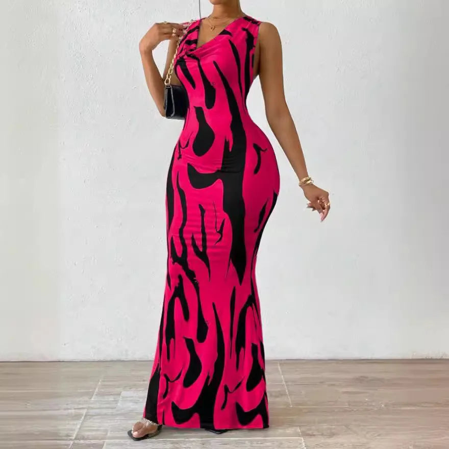 Dress Sleeveless Print Midi Wrap Waist Elegant Office Style Summer Travel Ready Now
