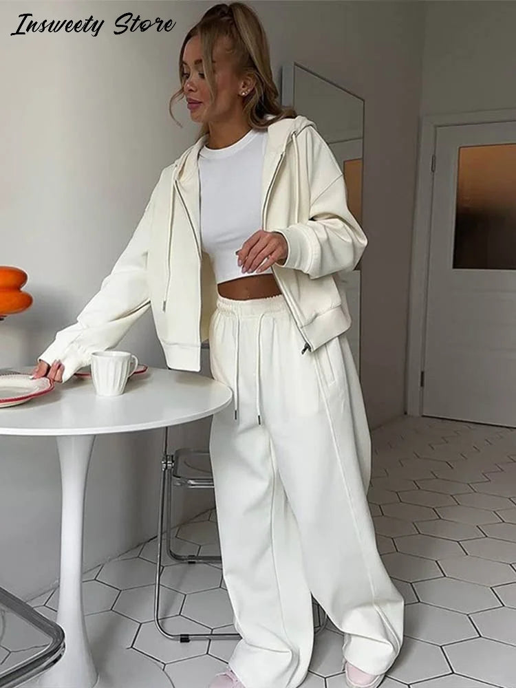 Casual Hooded Jacket and Wide Leg Pants Set for Women