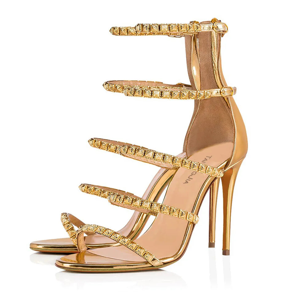 Gold Metallic Open Toe Stiletto Sandals With Ankle Strap for Women