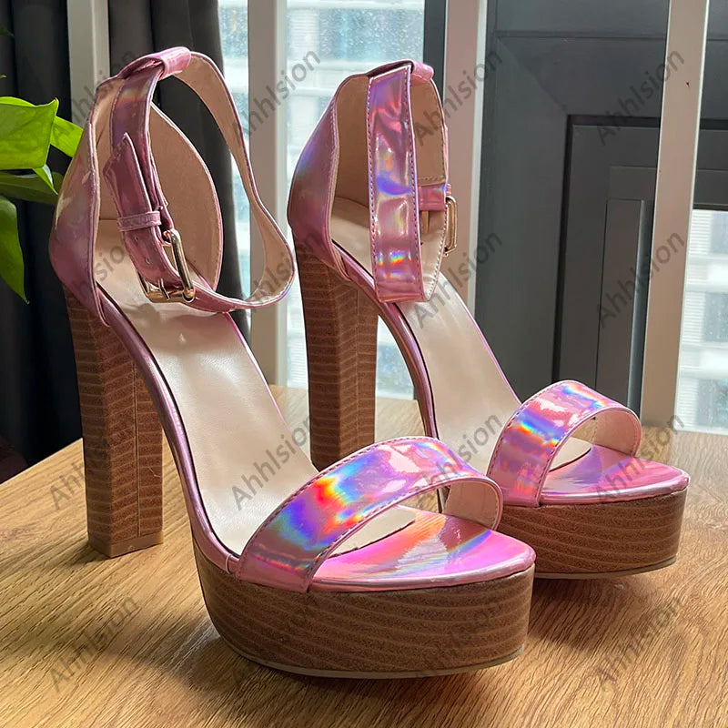 Silver Open Toe Platform Sandals With Square Heels For Women
