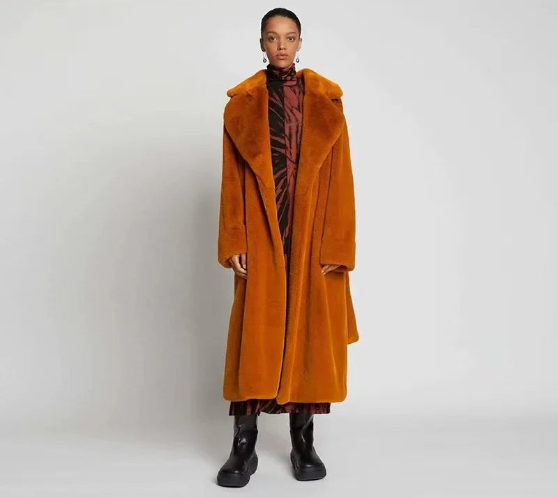 Long Belted Faux Fur Winter Coat